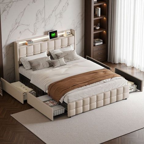 Cama doble 140x200 con somier y almacenamiento – 4 cajones, cabecero capitoné de lino beige, puertos USB y LED de ambiente, estilo escandinavo.