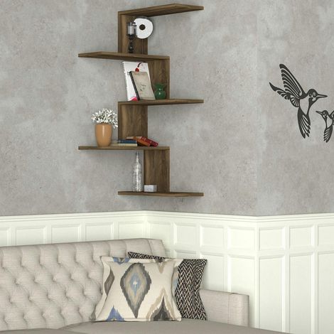 Etagère murale d'angle design effet bois de noyer MARFA (1/5)
