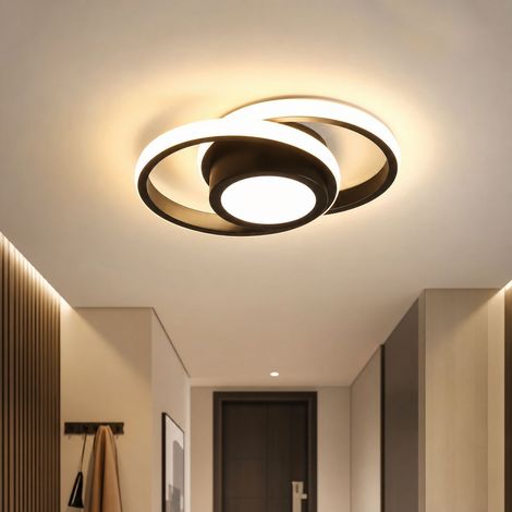 Plafonnier LED 32W design moderne, fer forgé noir et abat-jour PVC, lumière tricolore réglable, idéal pour couloir ou entrée, 27x20cm (1/4)