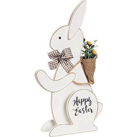 Fröhliche Ostern Holzhase mit Blume auf dem Rücken – ideal für kreative Bastelarbeiten, als Dekoration für Schlafzimmer, Wohnzimmer oder Esszimmer. Geschenkideen