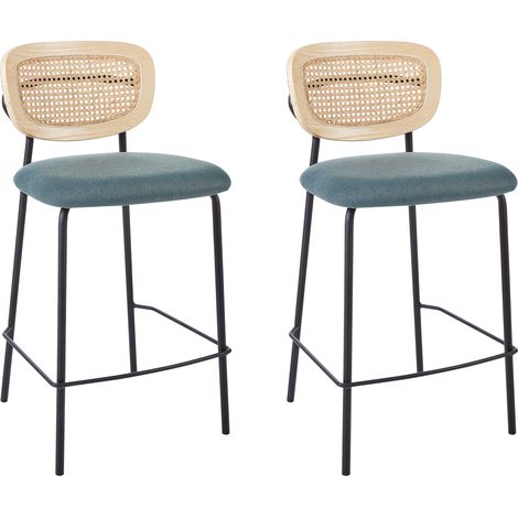 Conjunto de 2 sillas de bar modernas trenza vienesa respaldo de ratán taburetes asiento de poliéster patas negras sin reposabrazos azul Mayetta