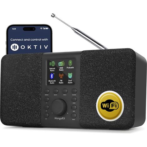 SR20 Radio Internet Stéréo avec Radio Numérique Dab/Dab+,WiFi avec Lecteur de Podcasts,Intelligente avec Bluetooth,FM,de Cuisine Secteur et Batterie,écran Couleur,Alarmes Doubles-Noir (1/5)