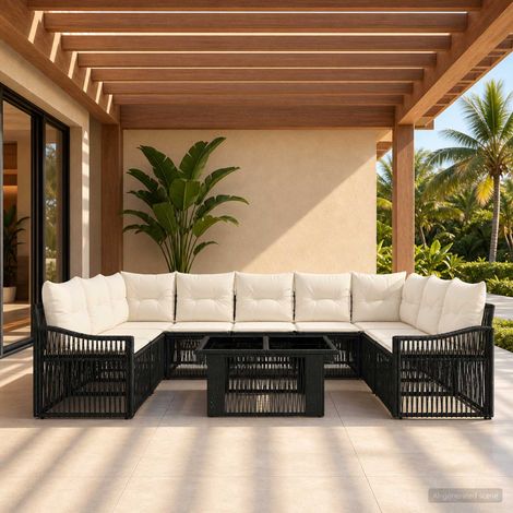 vidaXL Set Divano da Giardino 10 pz Nero e Bianco Crema polyrattan (1/5)