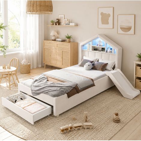 Lit enfant 90x200 cm beige en velours, lit cabane rembourré avec toboggan réversible gauche/droite, éclairage LED, prise de charge, étagères et coffre de rangement – CHICFURN (1/5)