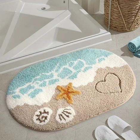 Tapis de bain antidérapant pour salle de bains – 40 x 60 cm, en fausse fourrure polaire douce et résistante, facile à laver, motif plage estivale, idéal pour sol humide-lsw