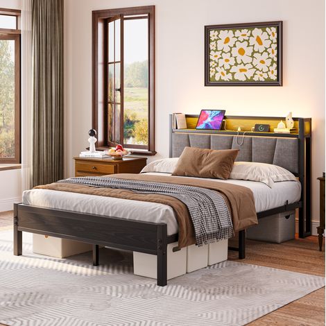 Letto 140x190 cm in metallo e MDF nero, testiera contenitore, LED, USB e presa, rete a doghe (1/5)