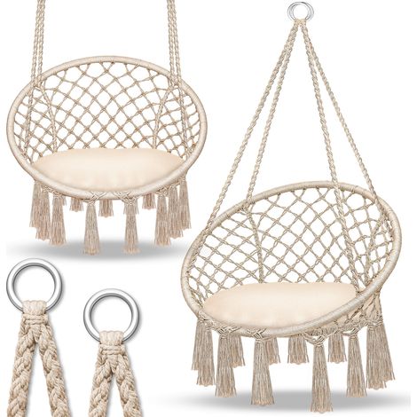 tillvex Silla colgante beige de 150 kg  Silla colgante para interior y exterior  Cesta colgante resistente a la intemperie  Cesta colgante con cojín
