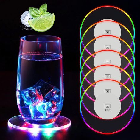 JSSEVN – Set mit 6 runden, wasserfesten Acryl-Untersetzern mit mehrfarbigen LEDs für Getränke, Champagnerflaschen, Partys, Hochzeiten und Weihnachten (1/5)