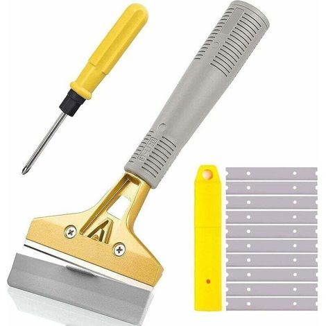 Raschietto con lama da 10 cm e 10 lame metalliche di ricambio, multifunzionale, per finestre, vetro, pavimenti, pareti, fornelli, vernice, sigillante, etichette, adesivi e sticker. (1/4)