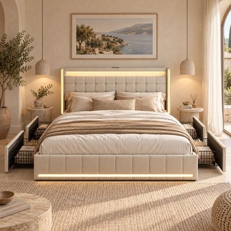 Lit 140x190 avec Sommier, Éclairage LED et Fonction de Charge USB, Lit Double Capitonné avec 4 Tiroirs Espace de Rangement, Cadre de Lit 2 Personnes pour Adults et Ado, sans Matelas (1/5)