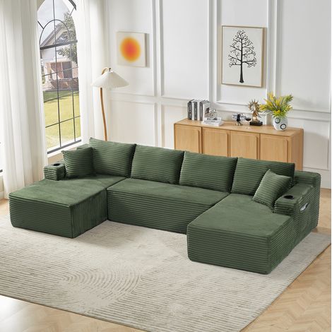 Canapé modulaire en U sans structure, assise profonde en velours côtelé, 339x168x82 cm vert (1/5)