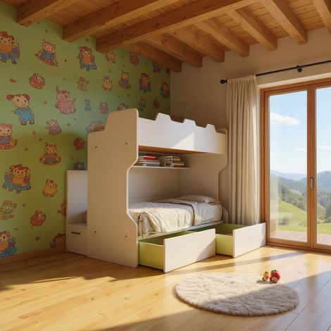 Letto a castello con scala contenitore e terzo letto estraibile - Cameretta salvaspazio - Bianco