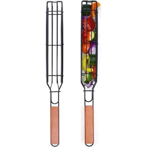 Lot de 2 paniers de barbecue avec grille verrouillable à long manche en bois - Antiadhésifs - En acier inoxydable - Pour barbecue,poissons,légumes,saucisses,oignons (1/5)