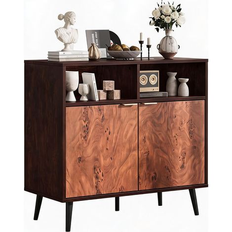 Buffet Vaisselier Industriel Bois 80cm, Étagères Réglables, Tiroirs, Noyer (1/5)