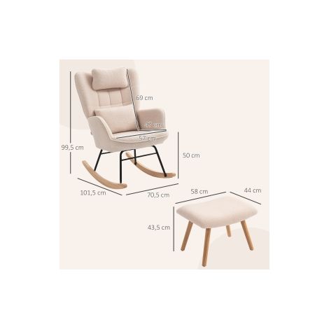 Fauteuil à bascule beige avec repose-pieds, revêtement doux, pieds en bois, coussin et dossier haut pour salon, chambre et lecture (1/5)