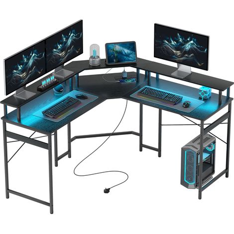 L' Shaped Work Desk, LED Lights - Black (1/5)