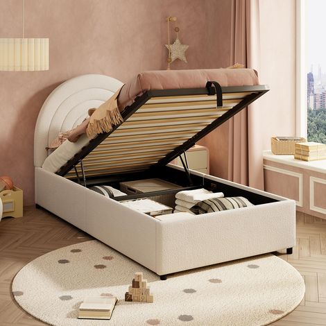 Lit pour enfant 90x200 cm avec sommier à lattes, adapté aux adultes et adolescents, tissu éponge - beige (1/5)