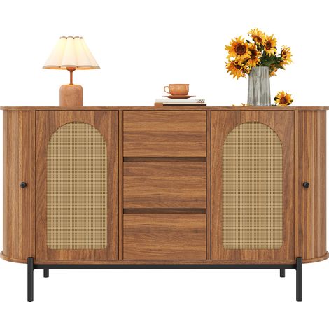 Buffet ovale avec rotin, portes coulissantes, portes et tiroirs, étagères réglables, aspect bois et pieds en métal – Meuble de rangement multifonction