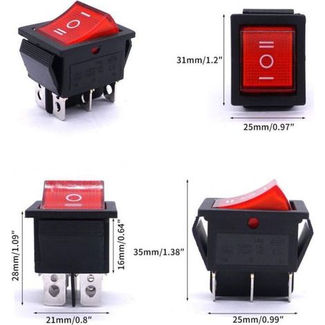 Interrupteur À Bascule DPDT - 6 Broches - 3 Positions - Indicateur LED Rouge - 16 A 250 V - Pour Véhicules Et Électroménager - Lot De 5 (1/4)