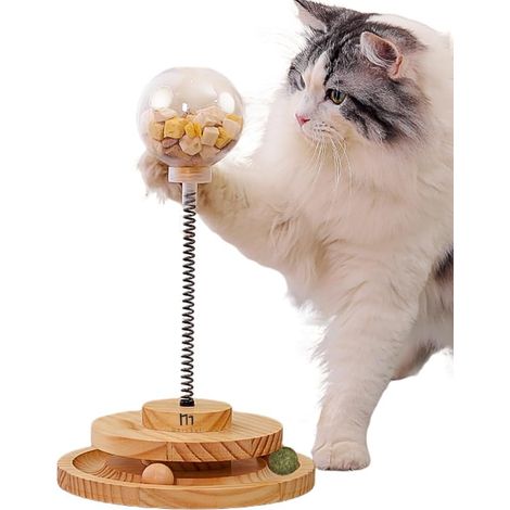 Jouet distributeur friandises chat, boule en bois avec roulettes, alimentation lente, interactif
