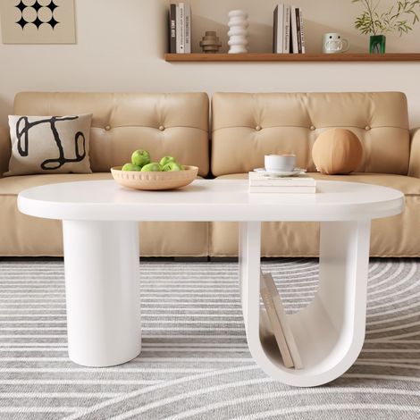 Mesa de centro ovalada moderna, diseño minimalista blanco con patas robustas en forma de U, ideal para salón, oficina o dormitorio (98,5 x 53,5 x 42 cm). (1/5)