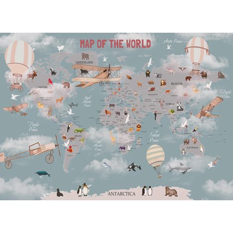 Papier peint Carte du monde vintage animaux, avions et mongolfières 375 x 270 cm