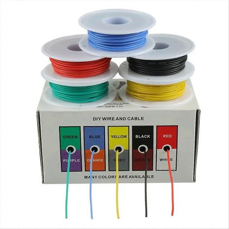 Fil électrique flexible en silicone 22 AWG, fil de cuivre étamé multibrins de calibre 22, 5 couleurs, 10 m (32,8 pi) chacun (1/5)