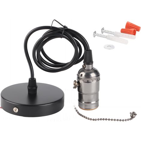 [Mano] Fixation pour lampe pendante vintage avec interrupteur à chaîne, support E26, montage plafond (noir)