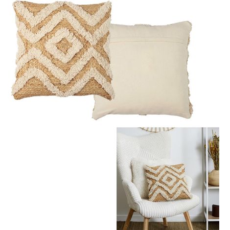 Coussin - HOME DECO FACTORY - Beige - Coton et Jute Tufté - Graphisme Géométrique (1/5)