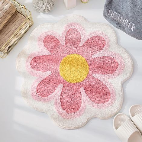 KOWOLL Tapis de bain Daisy Cute, imitation cachemire, en forme de fleur, lavable, pour douche, baignoire ou chambre (rose) (1/5)