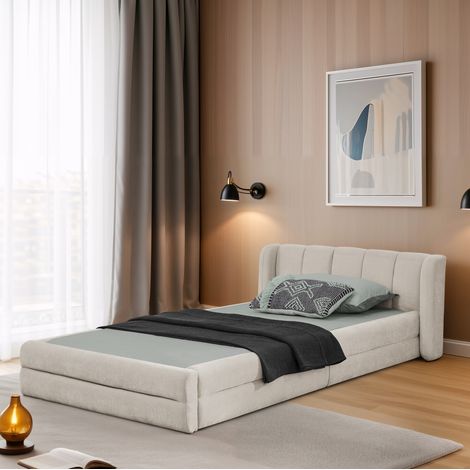 Bett Einzelbett platzsparend 90x200 Chenille Beige HAVRYA (1/5)