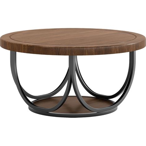 Table basse ronde 80 cm en bois – Meuble de salon à 2 étages avec tablette de rangement et pieds en métal (1/5)