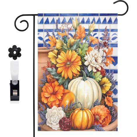 Drapeau vertical bouquet floral et citrouilles pour le jardin 30 x 45 cm décoration saisonnière extérieure (1/5)
