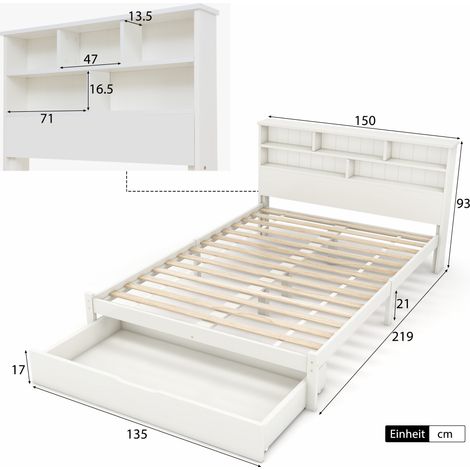 Letto con Cassetti 140×200 cm, Letto Matrimoniale con Testiera Libreria e Vano Contenitore, senza Materasso (1/4)