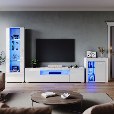 ELEGANT Living Room Home Furniture Set 2000mm LED TV Unit Stand Display Cabinet Sideboard with 16 color RGB LED Lights Storage Unit in White High Gloss Style 3 (1/5)