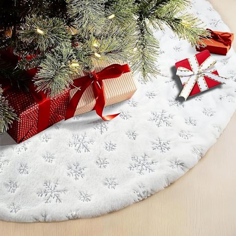 Jupe De Sapin De Noël 78 Cm Tapis Blanc En Peluche Avec Broderie Flocon Argent Paillettes Idéal Pour Ornement De Sapin Classique (1/4)