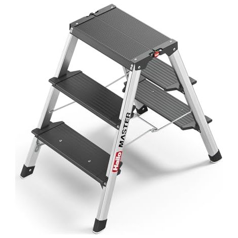 Hailo Master D70 Escalera de aluminio de doble peldaño – Escalera plegable compacta y transitable por ambos lados – Peldaños antideslizantes y pies de goma – 2 x 3 peldaños – Certificado EN 14183