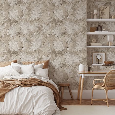 Papier peint beige élégant à motif floral pour chambre à coucher Feuilles Edera