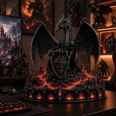Lampe de bureau LED RUIYUE Dragon Gardien Géant, Statue de Dragon Noir Lumineuse, Ornement en Résine Lumineuse Effet Lave Volcanique, Décoration Intérieure Gothique et Fantastique (Orange) (1/5)