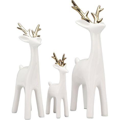 Lot de 3 ornements de cerf décoratifs en céramique brillante, ronds, blancs et dorés, à poser sur une table. (1/5)