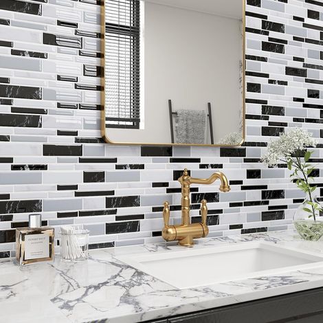 ReWallpaper Credence Adhesive pour Cuisine Effet Marbre Blanc Noir 17 Pièces Dalle PVC Adhesive Murale 3d Imperméable Carreau Adhesif Mural Gris pour Salle De Bain Toilette Cheminée 30.5x30.5CM (1/5)