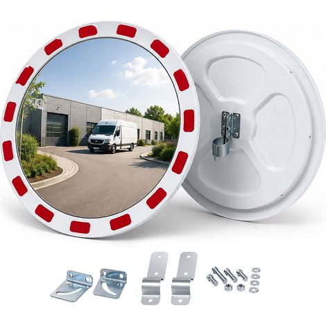 Relaxdays convex traffic mirror, 45 cm, tubular bracket, reflective rim, outdoor round safety mirror, white/red