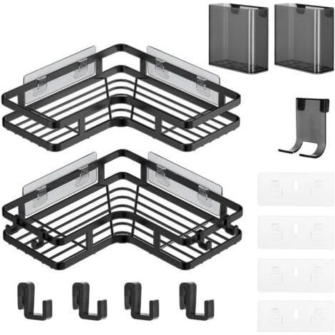 2 No Drill Shower Shelves, Black Corner Bathroom Shelf with Toothpaste Bucket and Razor Holder, Thick Anti-Rust Storage Shelf for Bathroom, Kitchen and Balcony (1/5)