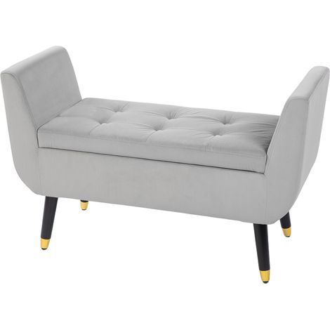 Banc de rangement avec accoudoirs, coffre-banc, polyester velouté, bois d'hévéa, gris clair, 107 x 42 x 65 cm (1/5)