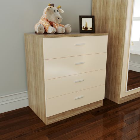 ELEGANT Modern Nightstand High Gloss 4 Spacious Drawer Chest with Metal Handles for Bedroom or Home Storage Organizer, Cream/Oak (1/5)