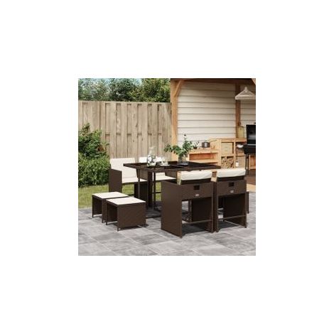 Ensemble à manger de jardin et coussins 9 pcs marron poly rotin (1/5)