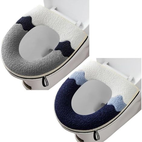 Lot de 2 housses de siège de toilette plus épaisses et douces avec poignée - Lavables - Compatibles avec tous les sièges de toilette ovales (gris + bleu marine) (1/4)