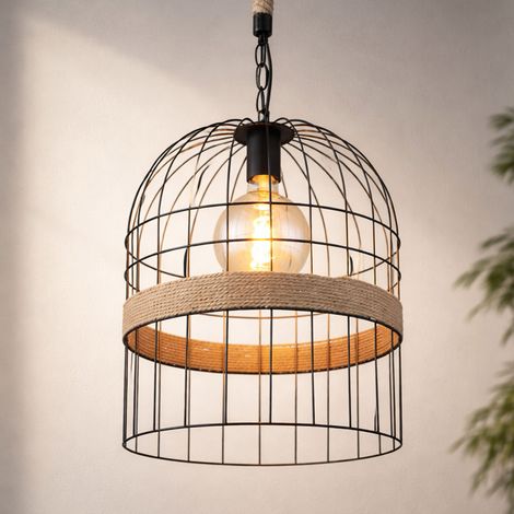Hängeleuchte Pendellampe Hanfseil Pendelleuchte Wohnzimmer Hängeleuchte Metallgitter Optik, schwarz braun, 1x E27 Fassung, DxH 35x140 cm