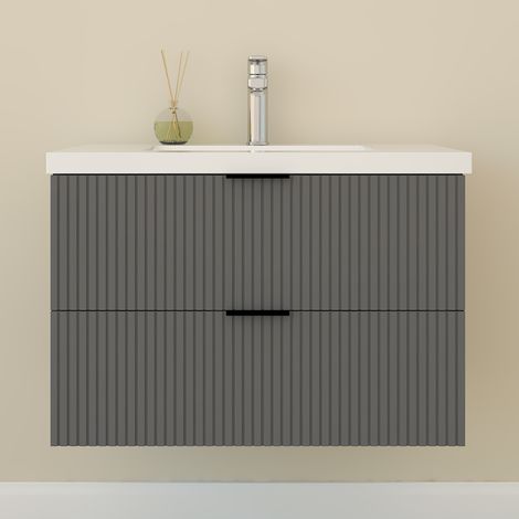 Biubiubath Meuble de Salle de Bain suspendu Anthracite 80 cm avec 2 tiroirs, vasque inclus