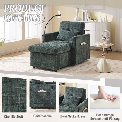 Canapé Relax Multifonction à Dossier Ajustable, Accoudoir Tablette et Rangement, Tissu, Idéal petit espace,Vert (1/5)